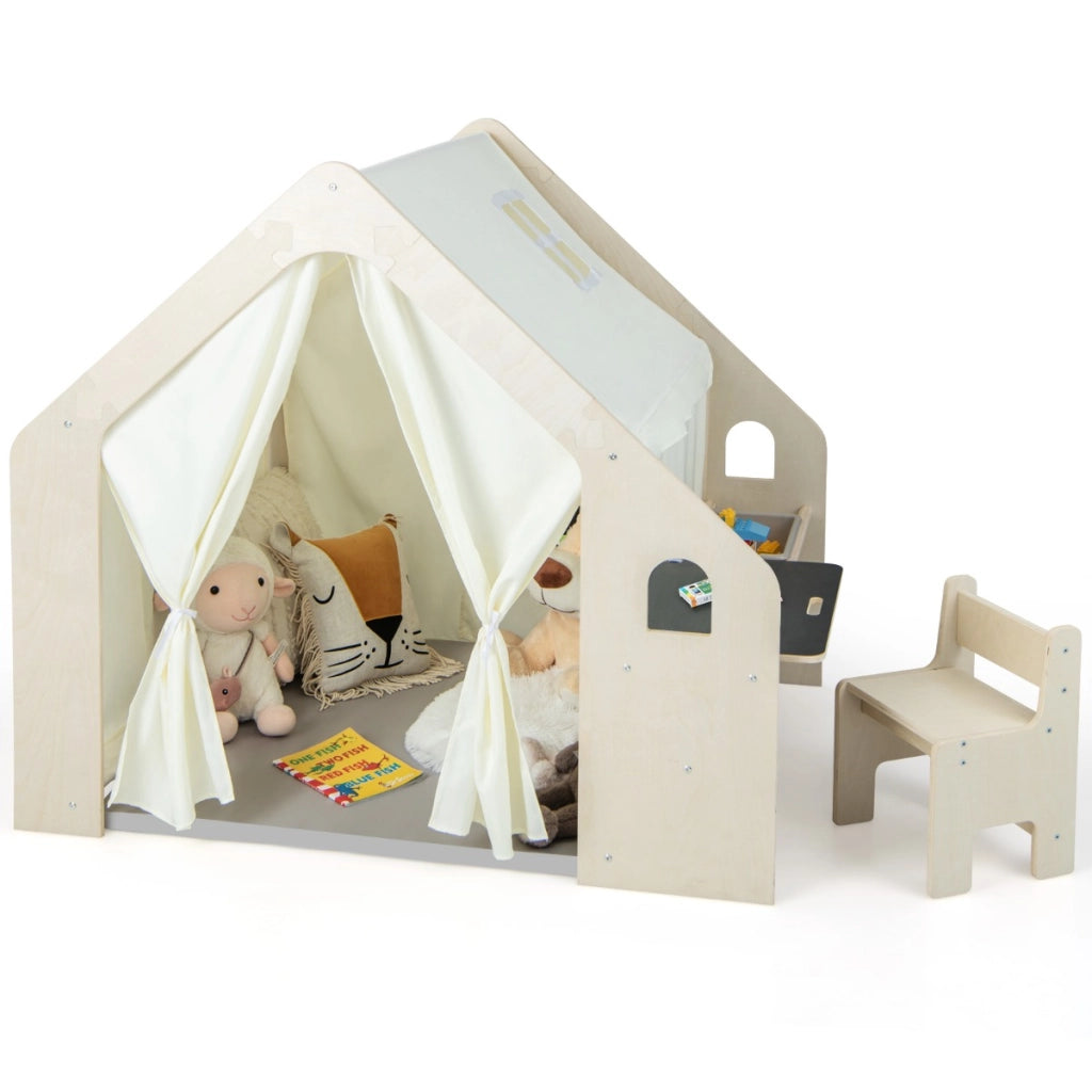 Tenda da gioco per bambini 6-in-1 in legno per interni con lavagna scrivania sedia, Casetta da gioco in legno Beige-Tende e Casette per bambini