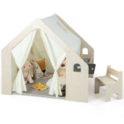 Tenda da gioco per bambini 6-in-1 in legno per interni con lavagna scrivania sedia, Casetta da gioco in legno Beige-Tende e Casette per bambini