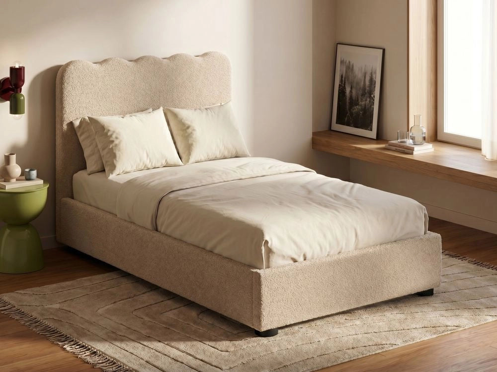 Letto in bouclé imbottito color beige 120 x 200 cm contenitore elevabile con testiera e rete a doghe