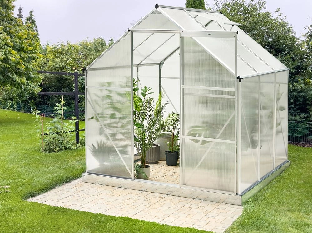Grande serra da giardino in policarbonato con struttura in alluminio Porte scorrevoli walk-in Protezione UV Argento Puglia
