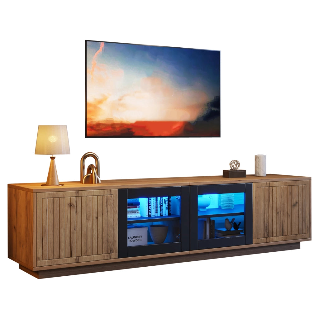 Mobile porta TV autoportante con LED e 4 ante, 2 in vetro temperato, 3 ripiani, per soggiorno, 180 × 40 × 45 cm