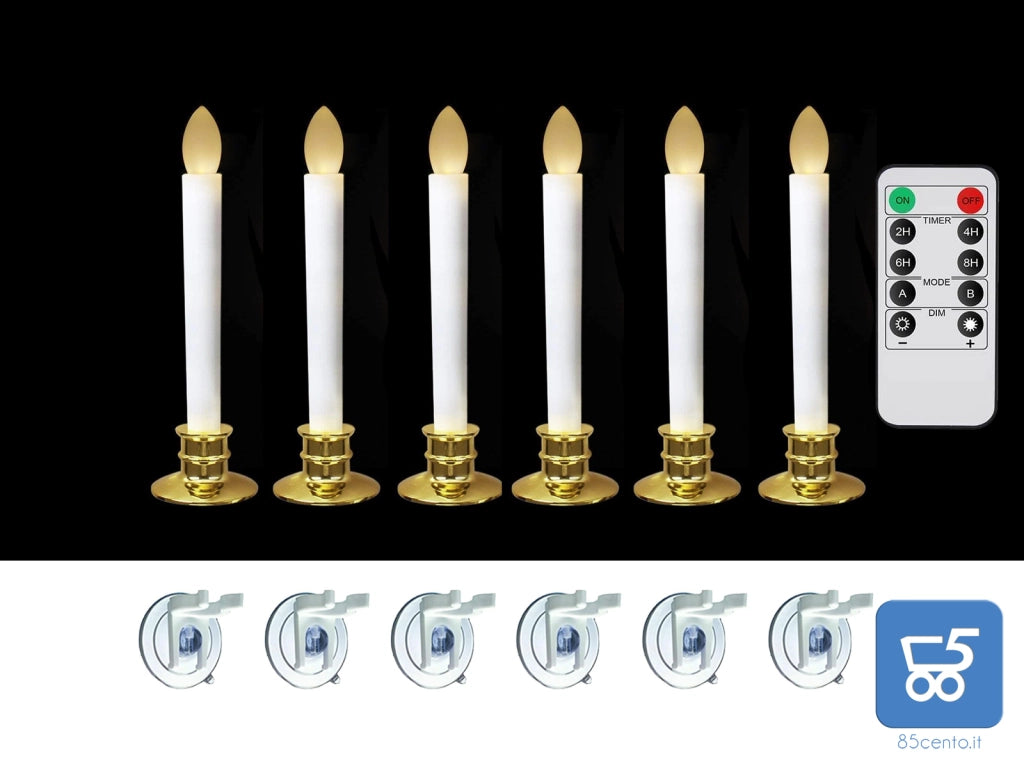 Candele Senza Fiamma a LED Da Finestra Con Telecomando e Timer Coniche Alimentate A Batteria Con Portacandele Dorati Kit da 6 pz + 1 Telecomando
