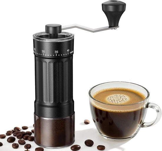 Mini Macchina per Caffè Manuale - 40 Posizioni di Macinazione Regolabili - Macchina per Caffè Portatile a Mano - Capacità 30g - Pietre di Macinazione a Cono - Con Maniglia - Ideale per Viaggi, Campeggio, Ufficio, Espresso, Pour Over e Altro