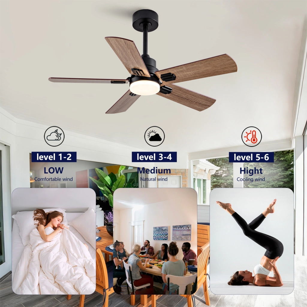 Ventilatore da soffitto nero da 42 pollici con luce LED dimmerabile, 6 velocità, timer e pale reversibili
