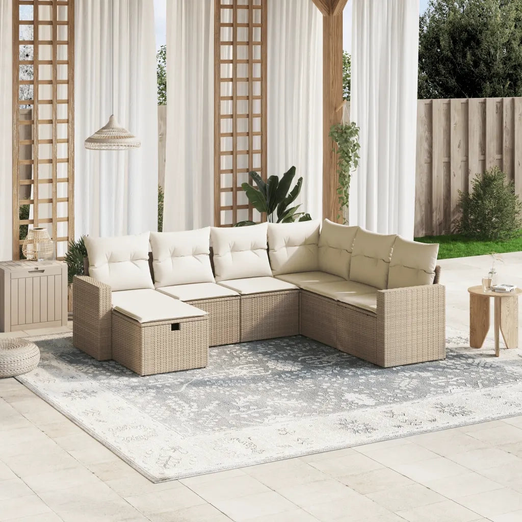 Set Divani da Giardino 7 pz con Cuscini Beige in Polyrattan