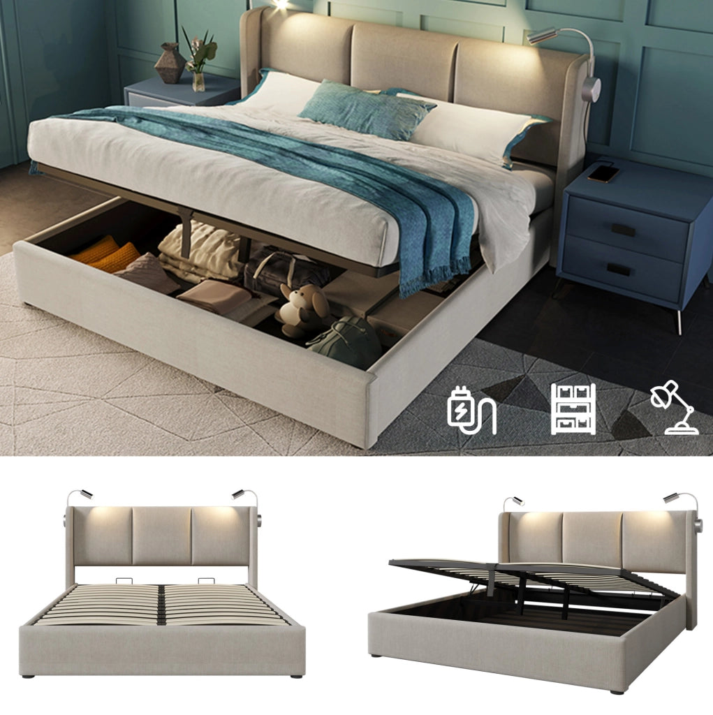 Letto imbottito 160x200 cm beige con contenitore e luce USB