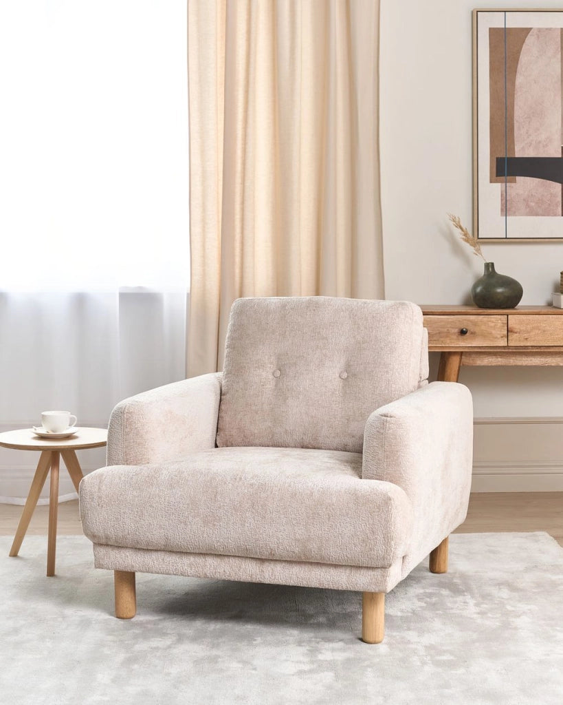 Poltrona retrò con rivestimento in poliestere gambe in legno spessa seduta in bouclé beige soggiorno moderno e minimalista