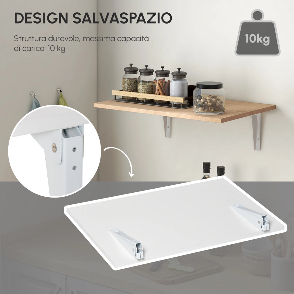 EasyComfort Tavolino a Muro Pieghevole Salvaspazio in MDF e Telaio in Metallo, per Cucina Salotto, Bianco, 60x40x20cm