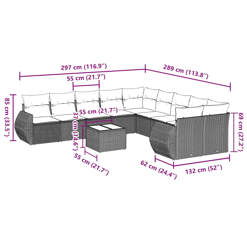 Set Divani da Giardino 11 pz con Cuscini in Polyrattan Grigio 3254259