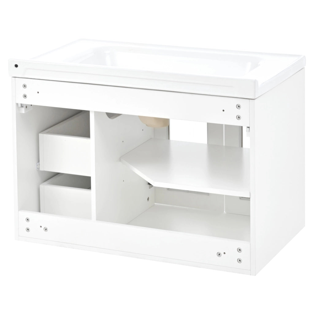 Mobile sottolavabo con lavabo in ceramica, 2 cassetti e anta in vetro, ripiani regolabili, per bagno, bianco