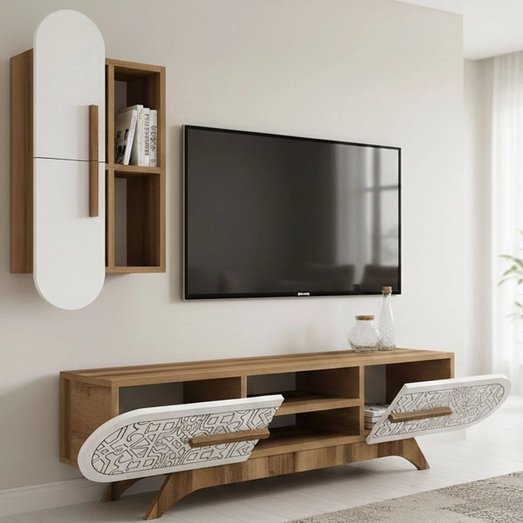 Parete attrezzata Gilberta, Composizione soggiorno, Mobile salotto multiuso, Armadio porta TV, 145x35h37 cm, Noce e Bianco