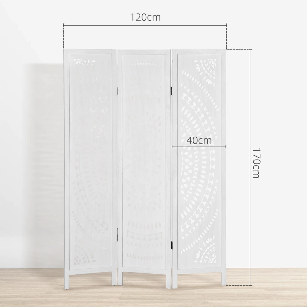 Separ¨¦ Paravento da Interni Pieghevole a 3 Pannelli in Legno Intagliato, 120x170cm, Bianco