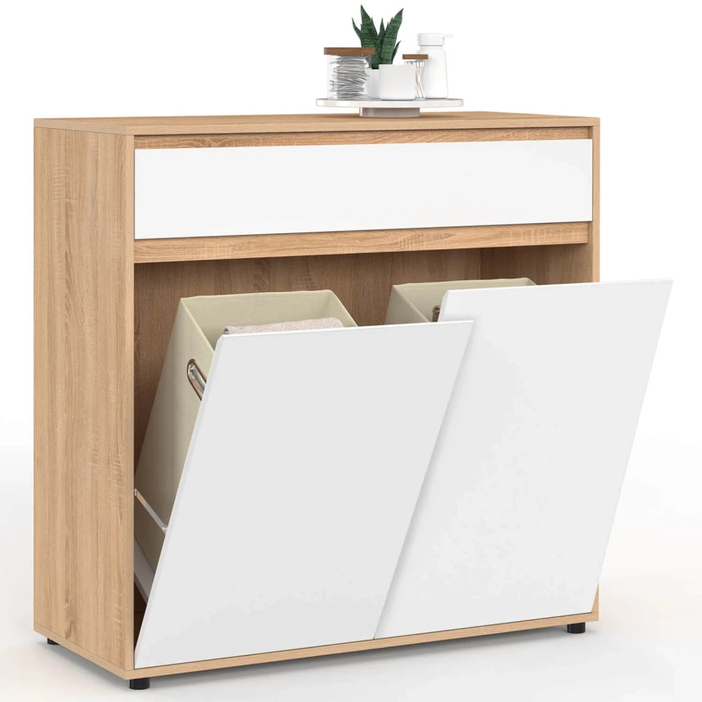 IDMarket - Mobile bagno a 2 ante TOMI con 2 cesti portabiancheria estraibili e 1 cassetto, finitura faggio e bianco