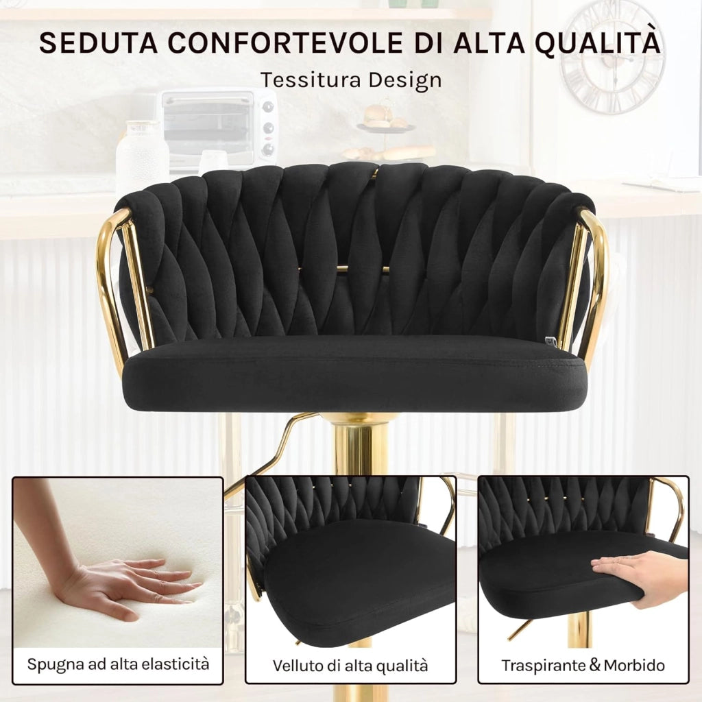Set di 2 Sgabelli da Cucina Altezza Regolabile, Sgabelli da Bar in Velluto, Girevoli a 360°, con Base in Metallo e Poggiapiedi, Nero