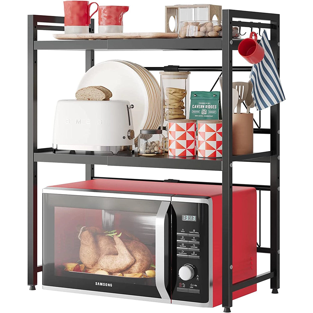 Scaffale Porta Microonde Allungabile 2 Ripiani Mensola da Cucina in Metallo Nero