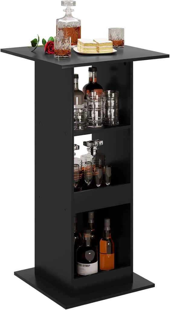 Tavolo da Bar Quadrato, Tavolino Alto e Stretto con 3 Ripiani, Tavolo Alto Cucina, Sala da Pranzo, Bistrot, in Truciolare, 60x60x109 cm, Nero