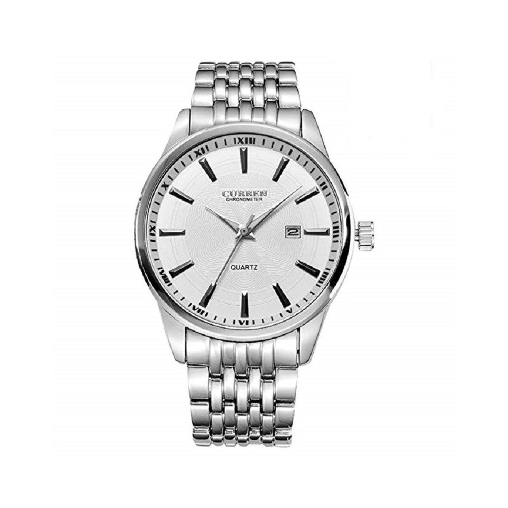 Trade Shop - Orologio Da Polso Per Uomo Analogico Quadrante Bianco Cinturino Metallo Curren -