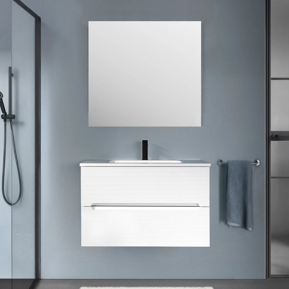 Mobile bagno sospeso 80 bianco cannettato 2 cassetti lavabo e specchio Rigo