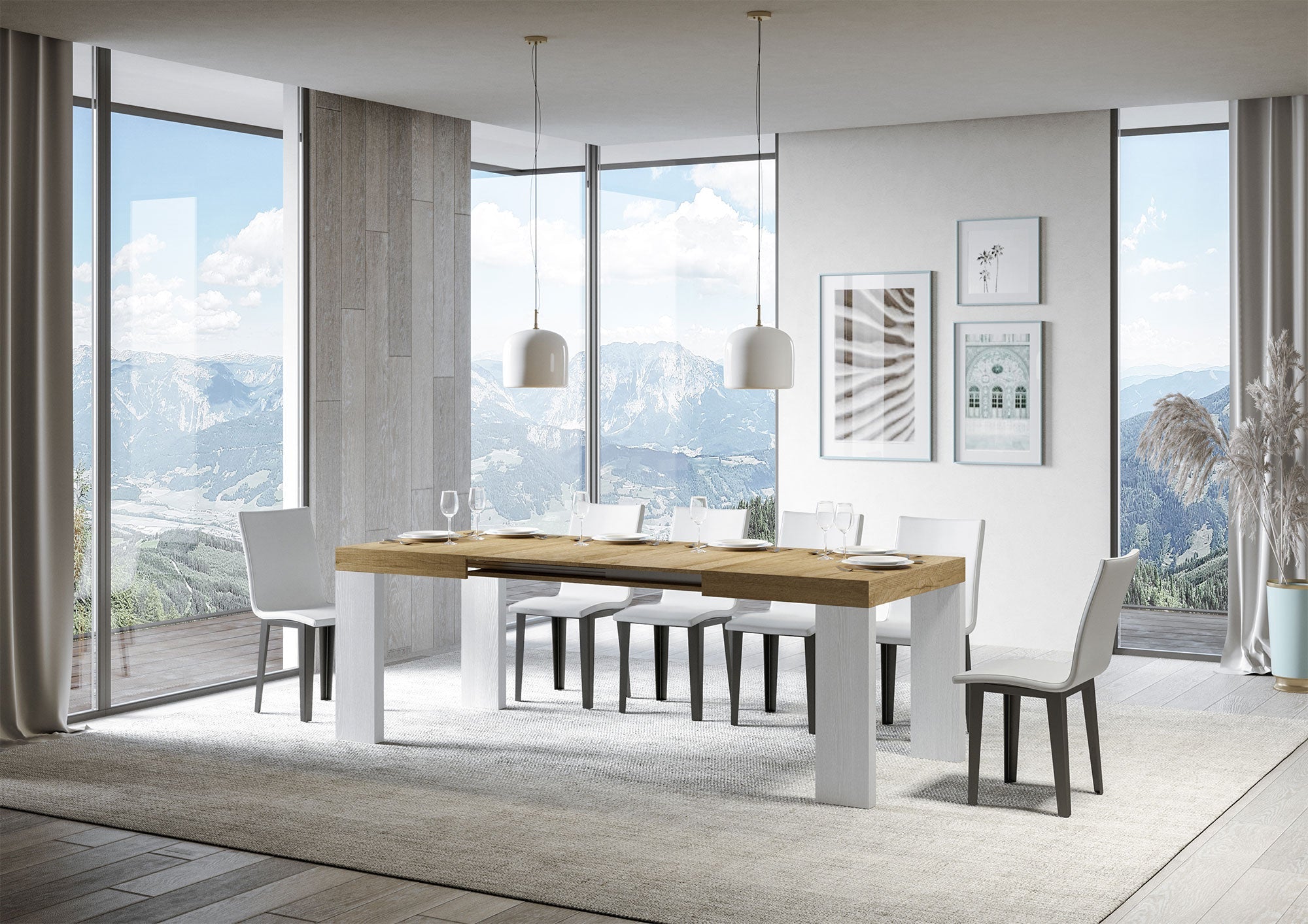 Tavolo Allungabile 130/390x90x77 cm Roxell Mix piano Quercia Natura gambe Bianco Frassino