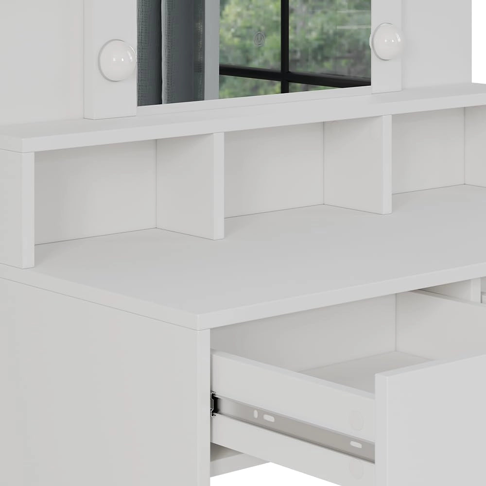 Tavolo da toeletta Taylor, Bianco, 80 cm con illuminazione LED e sgabello, con illuminazione LED e sgabello girevole regolabile in altezza