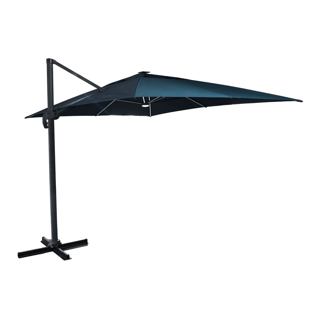 Ombrellone rettangolare da giardino Brez, decentrato (400x300 cm), alluminio e poliestere, LED incluso, apertura antivento con manovella, base inclusa, colore petrolio