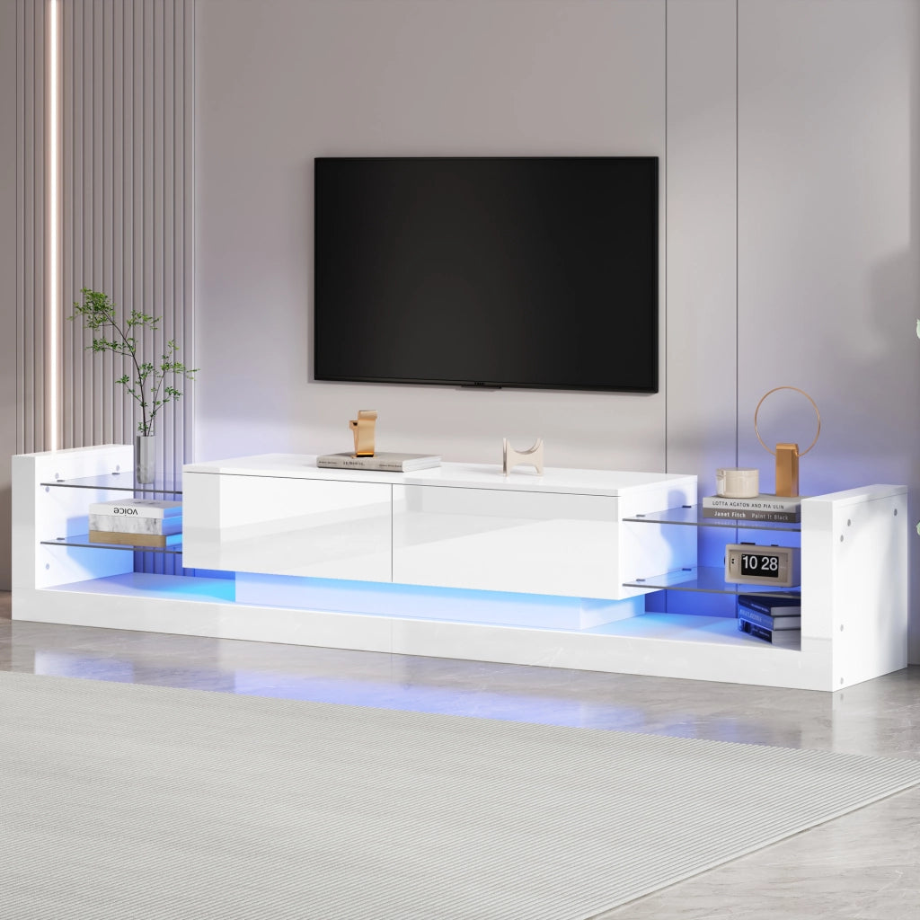 OKWISH Mobile TV con 2 Cassetti a Ribalta e LED, Frontale in Vetro Finitura Lucida, per Soggiorno, 181 × 38 × 38 cm