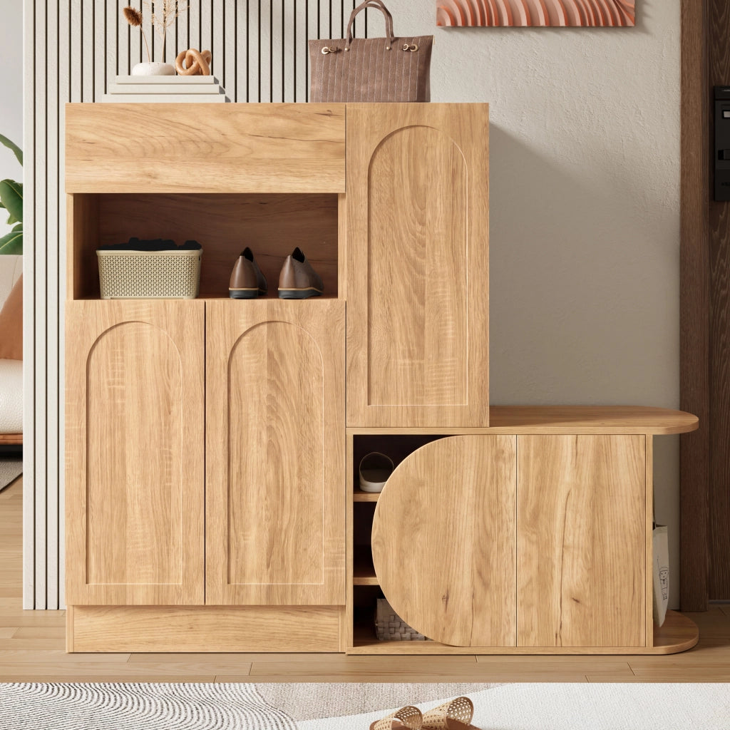 Mobile scarpiera con panca e cassetto, 5 ante e vani aperti, design moderno in finitura naturale, 130 x 35 x 110,5 cm