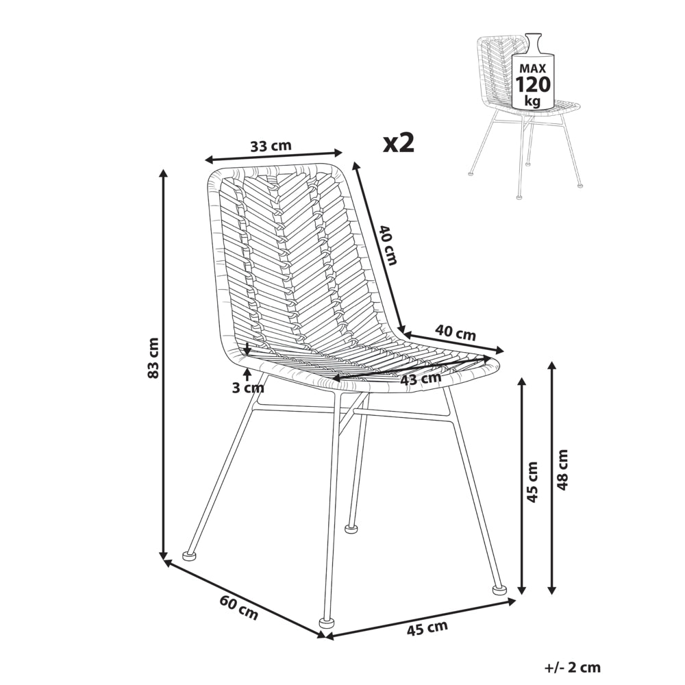 Set di 2 sedie in rattan marrone con seduta e schienale in vimini, senza braccioli, gambe in ferro