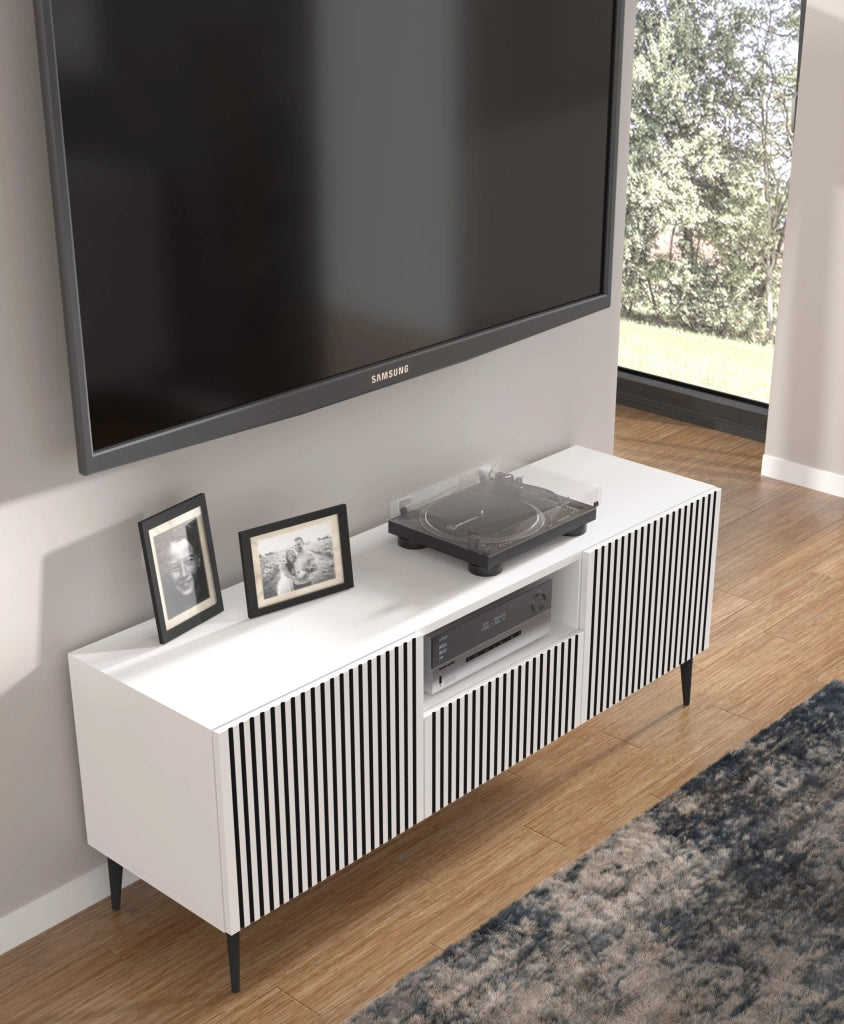MOBILE RAVENNA FP PORTA TV IN MDF VERNICIATO 150 2D1S BIANCO NERO GAMBE IN METALLO NERO