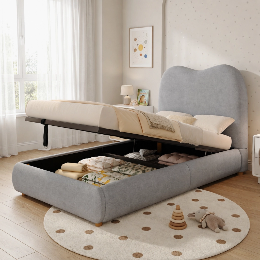 Letto per bambini singolo 90 × 200 cm con contenitore idraulico, testiera imbottita, senza materasso, grigio