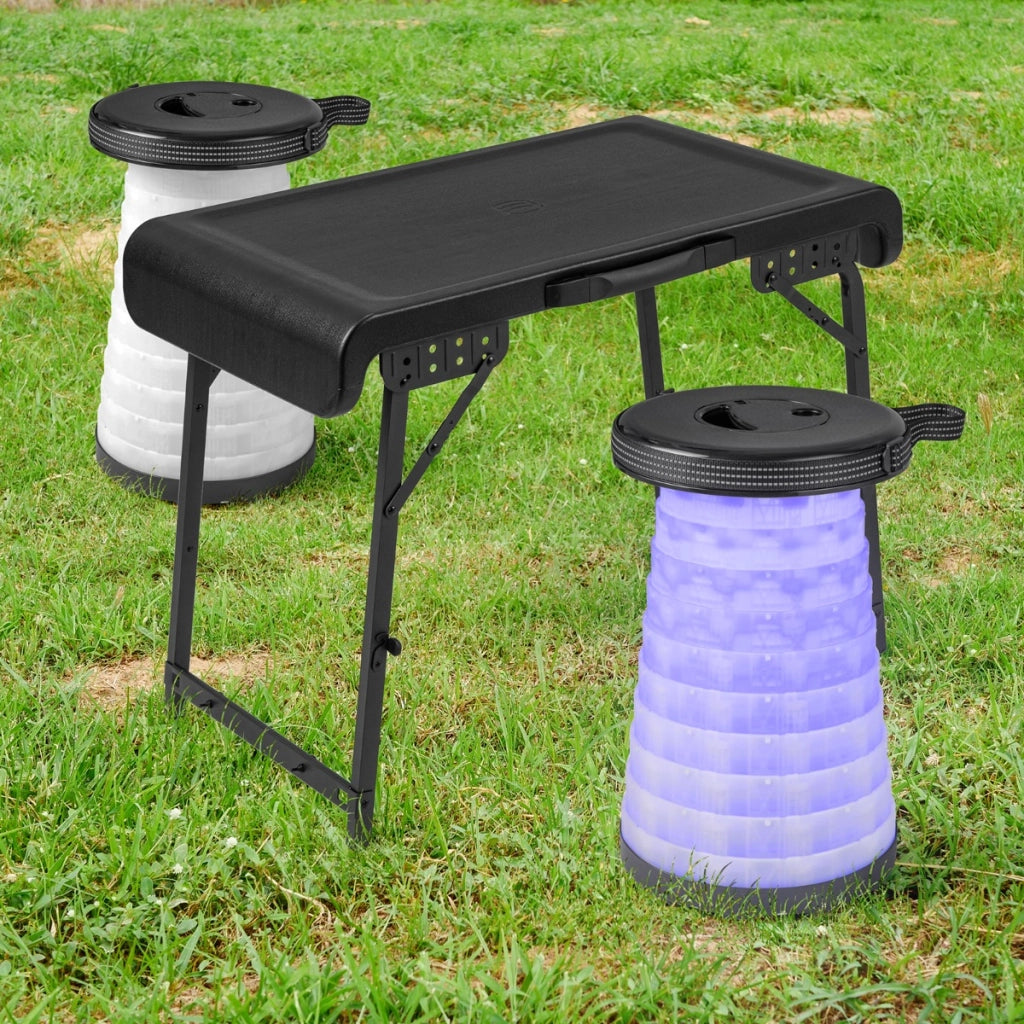 Set campeggio pieghevole da 3 pezzi con tavolo e sgabelli LED, Tavolino e sedie portatili e leggeri Nero-Tavoli e sedie da campeggio