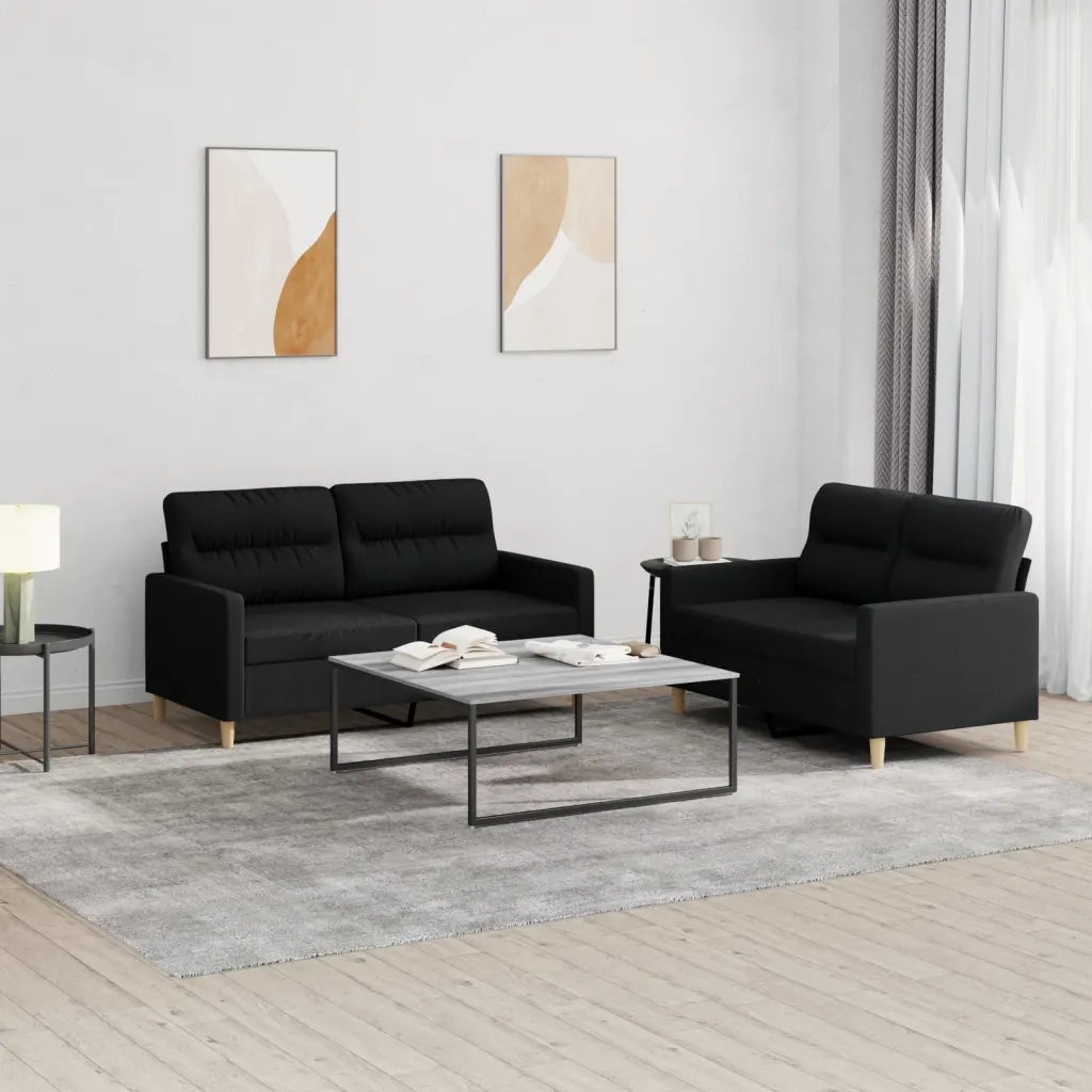 Set di Divani 2 pz con Cuscini Nero in Tessuto