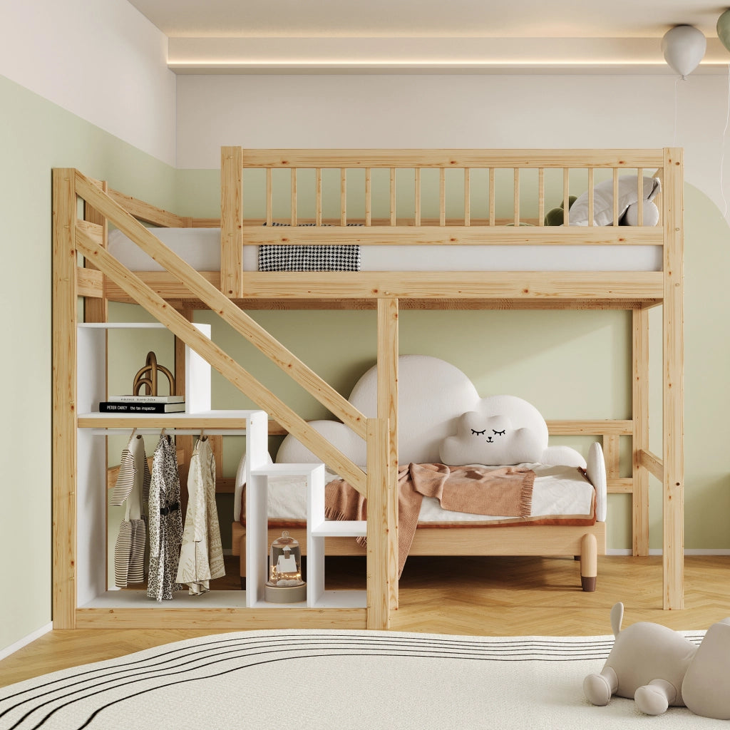 Letto a Soppalco Letto Matrimoniale con Scala Contenitore e Sponda Alta 140×200 cm; Senza Materasso; Legno Naturale
