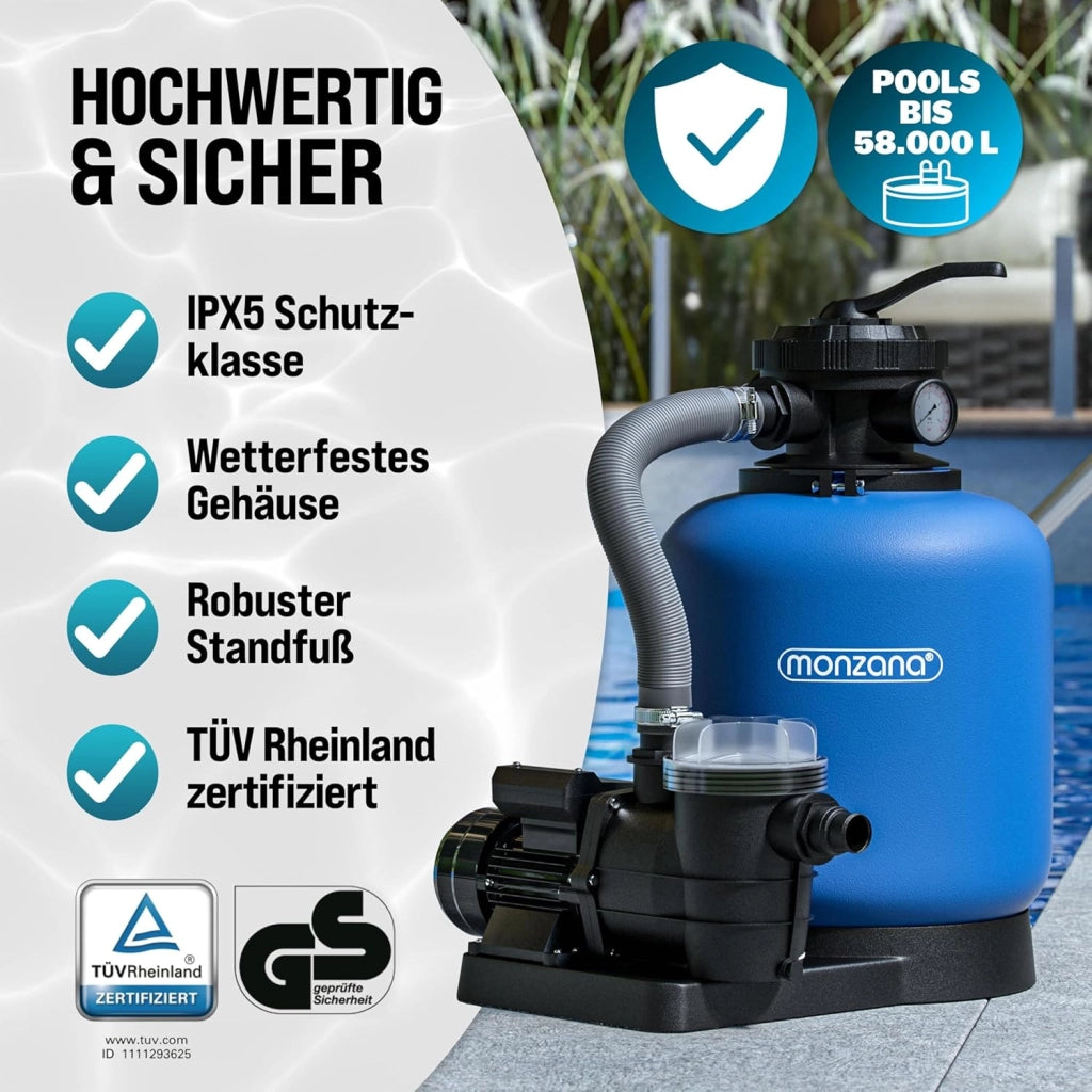 ® Filtro Acqua per Piscina SF110K 13.200 L/h Fino a 58.000L Vetro Filtrante Incl. Valvola a 7 Vie Adattatore 2in1 Ø32-38mm Pompa di Filtraggio 600W Filtri Piscine Fuori Terra Pompe Filtranti