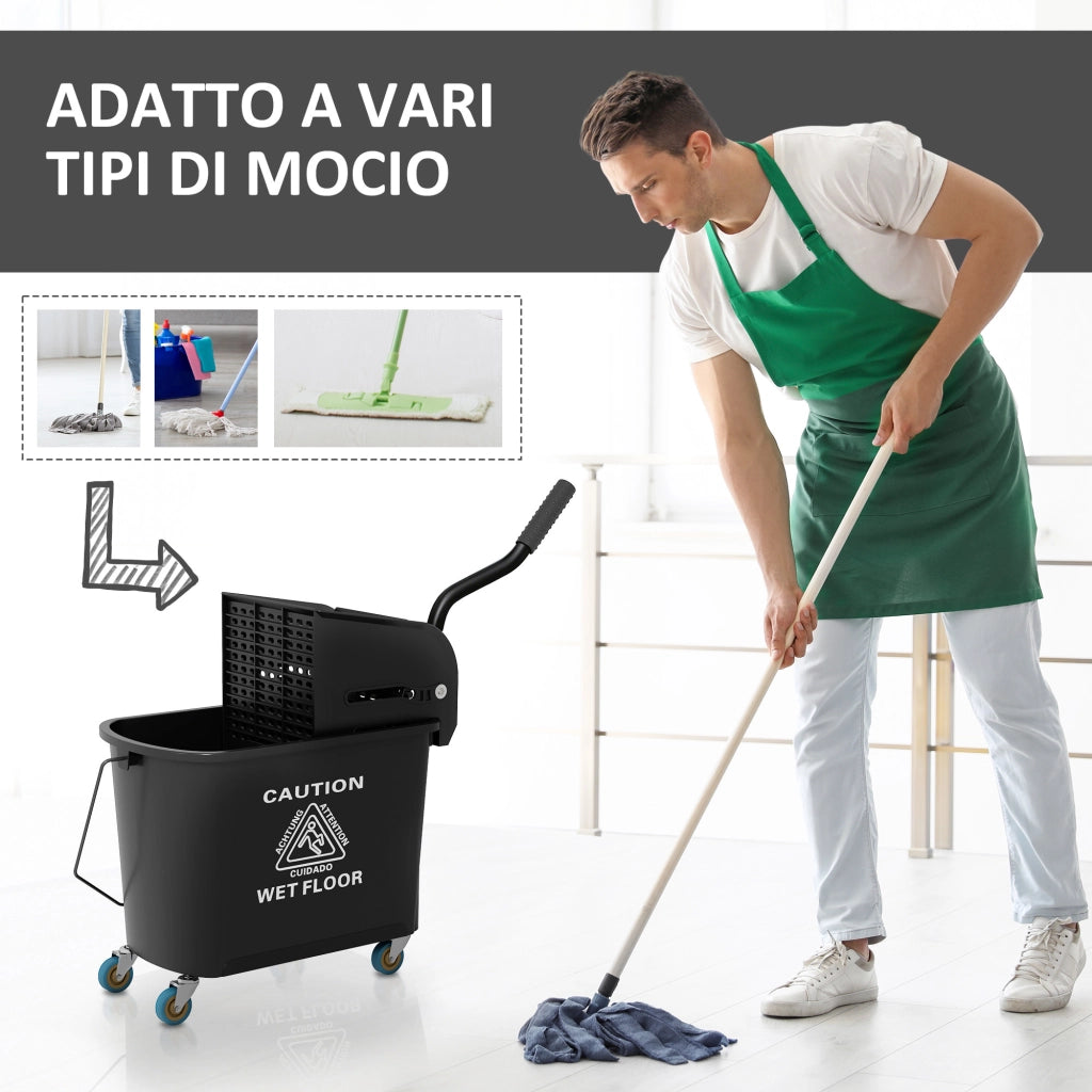 Carrello per Pulizie in Plastica PP da 20L con Secchio e Strizzatore, 60x27x70.5 cm, Nero