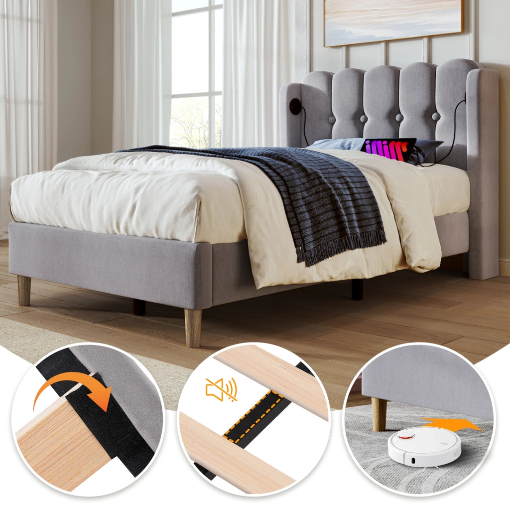 Letto imbottito singolo 90x200 cm in lino grigio con porta USB e USB-C; testiera pannellata