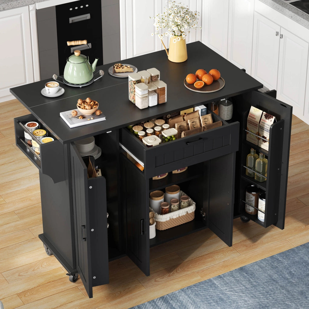Carrello Da Cucina con 4 Ante 1 Cassetto e Piano Ribaltabile; Portasciugamani Laterali; in MDF; 120x45(70)x95 cm; Nero