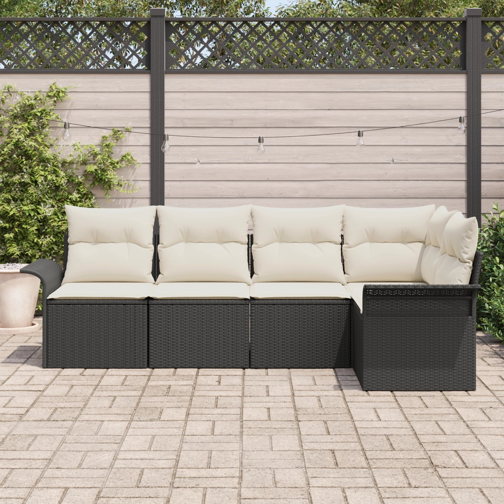 Set Divano da Giardino  5 Pezzi con Cuscini Nero Polyrattan