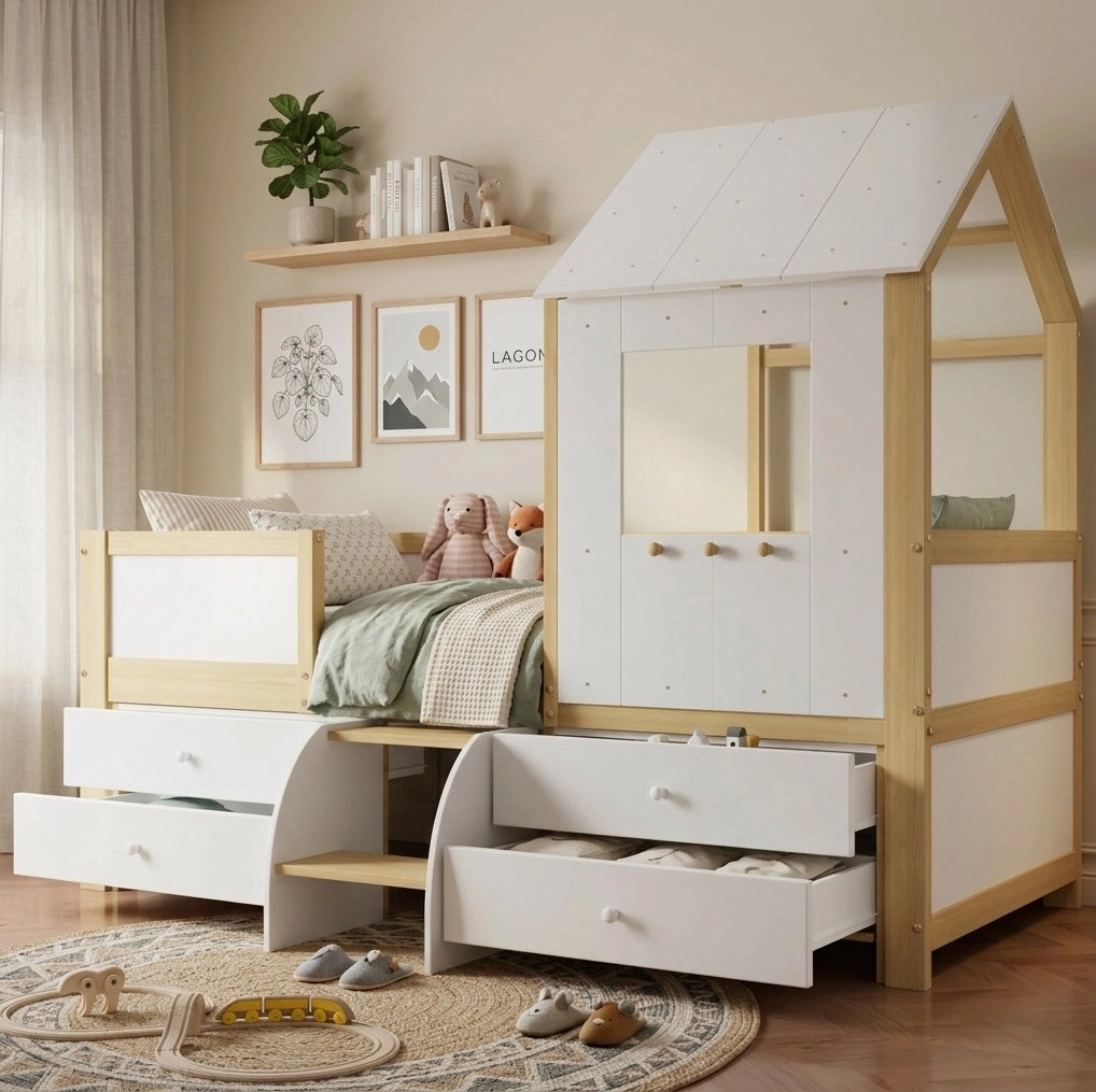 Letto per bambini a casetta semialto con 4 cassetti e scaletta 90x200 cm