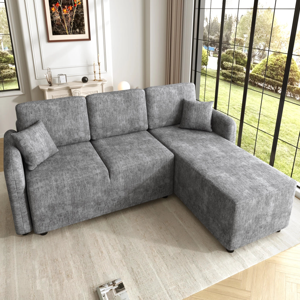Divano angolare a L a 3 posti con area relax e 2 cuscini in ciniglia con struttura in legno massello grigio