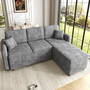 Divano angolare a L a 3 posti con area relax e 2 cuscini in ciniglia con struttura in legno massello grigio