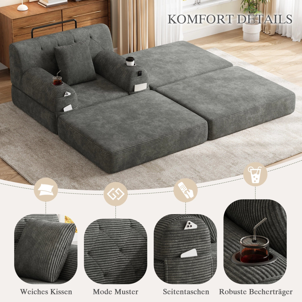 Divano letto in velluto a coste con schienale alto, tasche laterali e portabicchieri, grigio scuro 107 × 162 × 81 cm