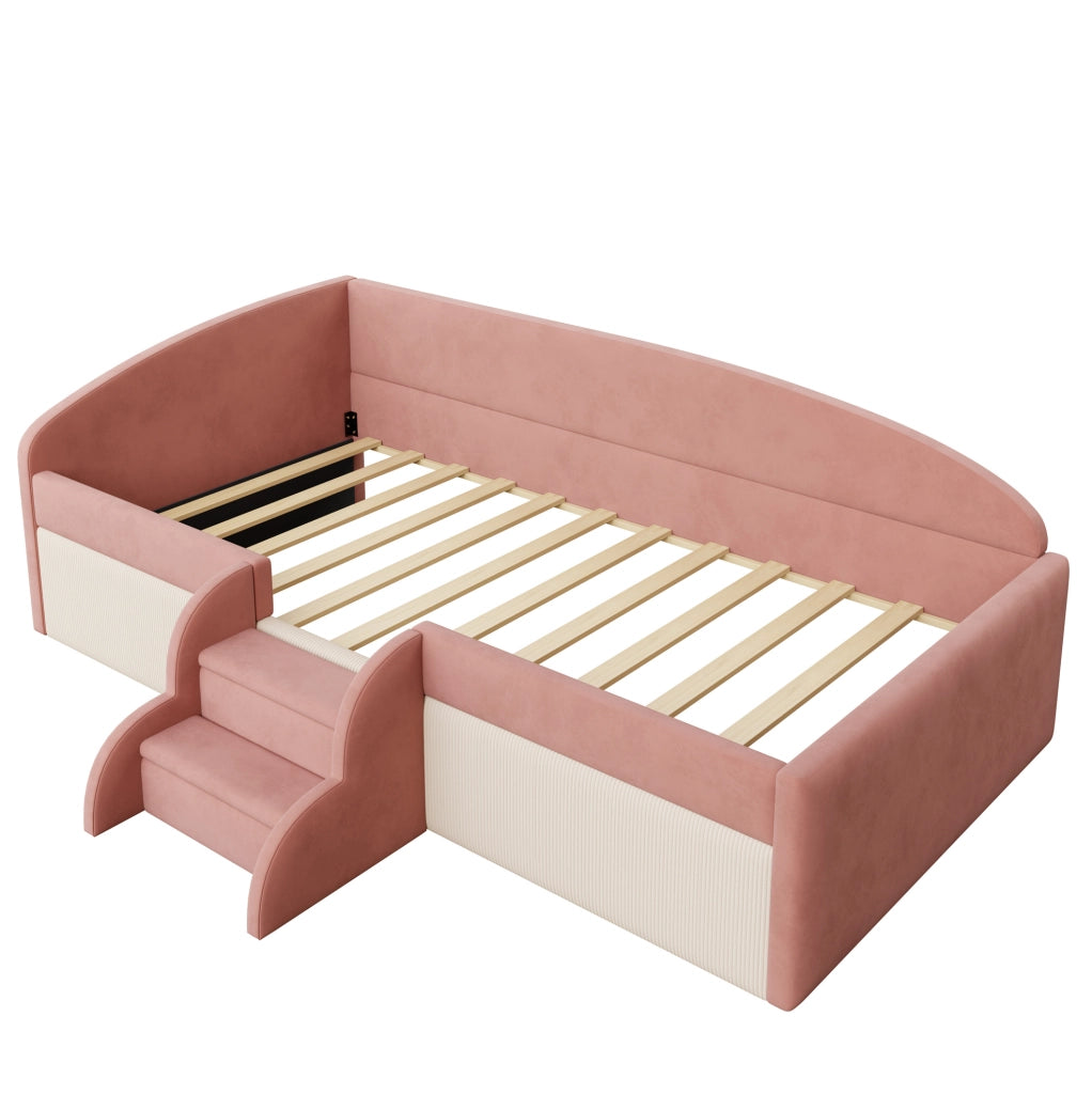 Letto imbottito per bambini 90x190 cm con gradini in velluto rosa e bianco