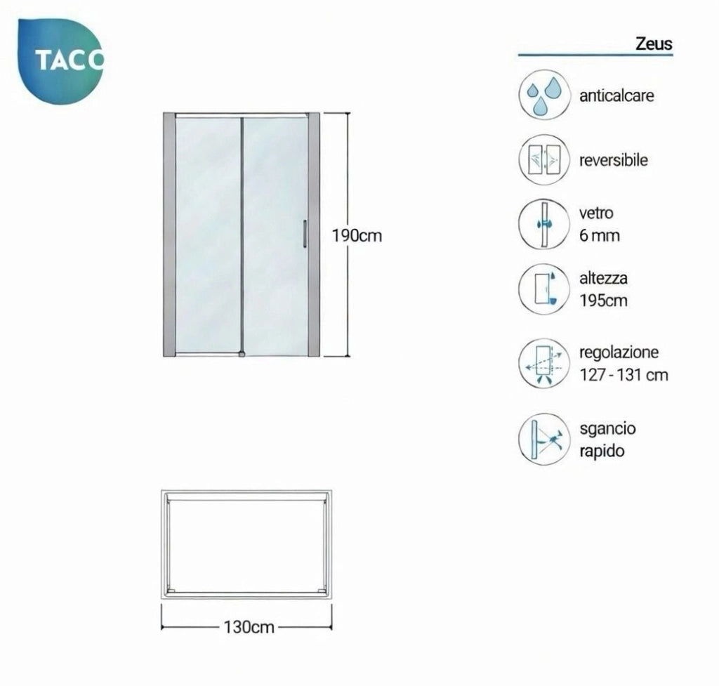 Box doccia a nicchia 130 cm porta scorrevole apertura laterale H190 cm ZEUS - Cromato Lucido