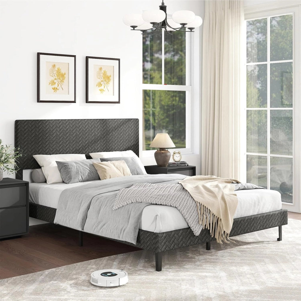 Struttura Letto Matrimoniale, Telaio Letto in Velluto con Testiera Regolabile in Altezza, Doghe in Legno a Supporto del Materasso, Silenzioso (160x200cm Stile 2)