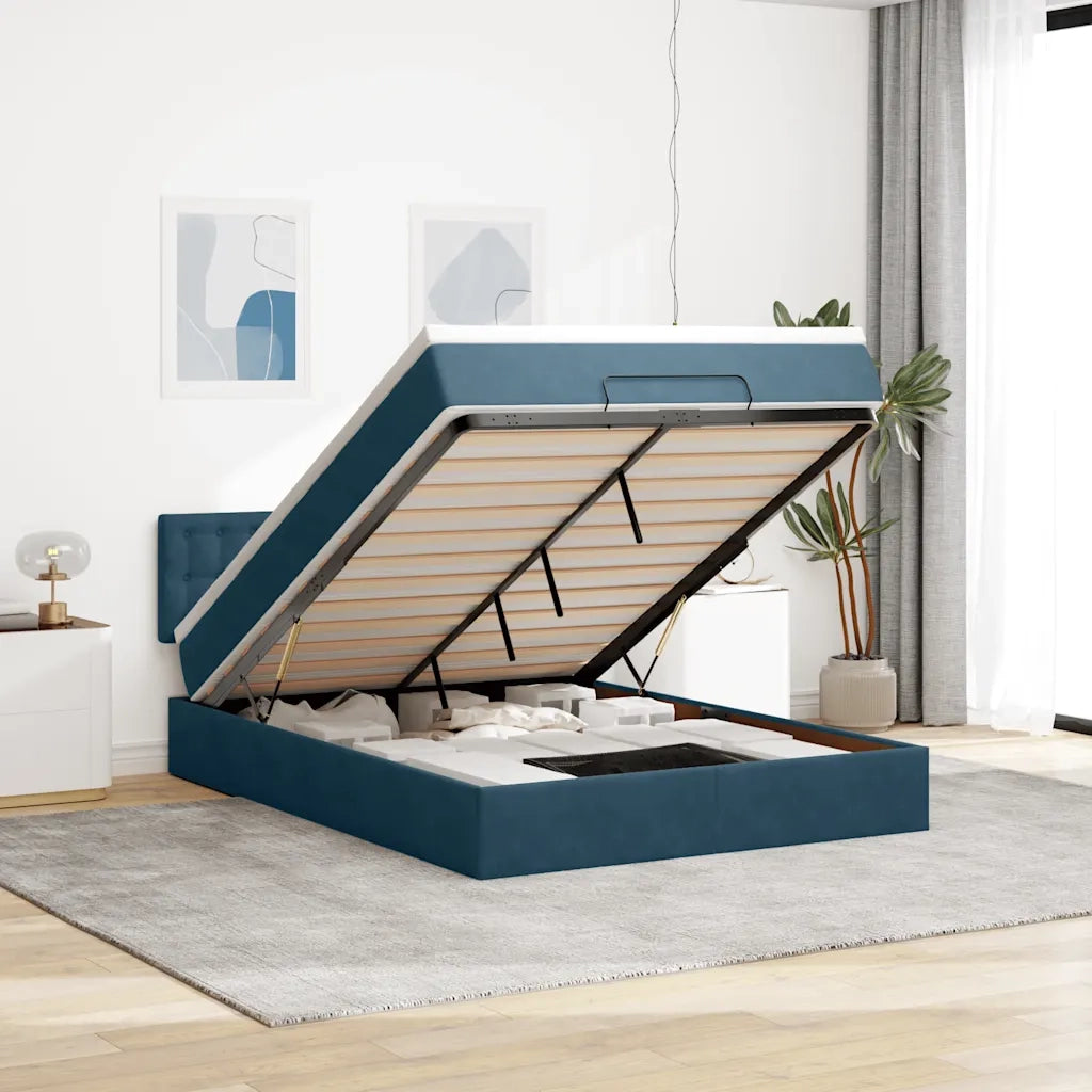 Struttura Letto Pouf con Materasso Blu 140x200cm in Velluto