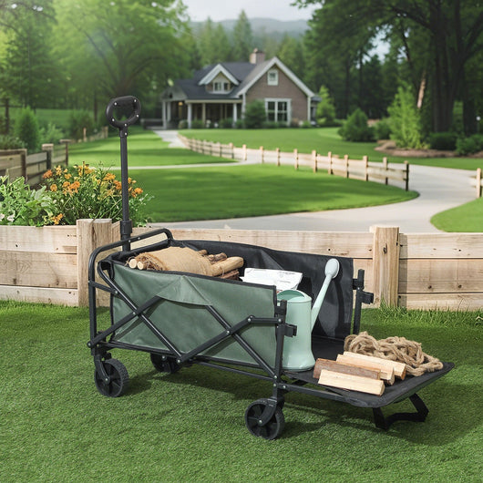 Carrello da Giardino 114x46x65-92 cm Capacità 72L Pieghevole con Pannello Apribile in Acciaio e Poliestere Verde