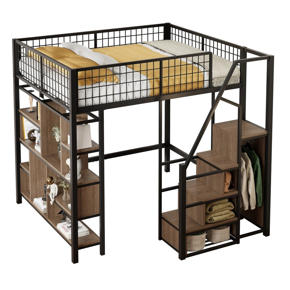 Letto a Soppalco Multifunzionale con Contenitore e Scala ¨C MINIMAL ¨C Metallo Nero 140x200