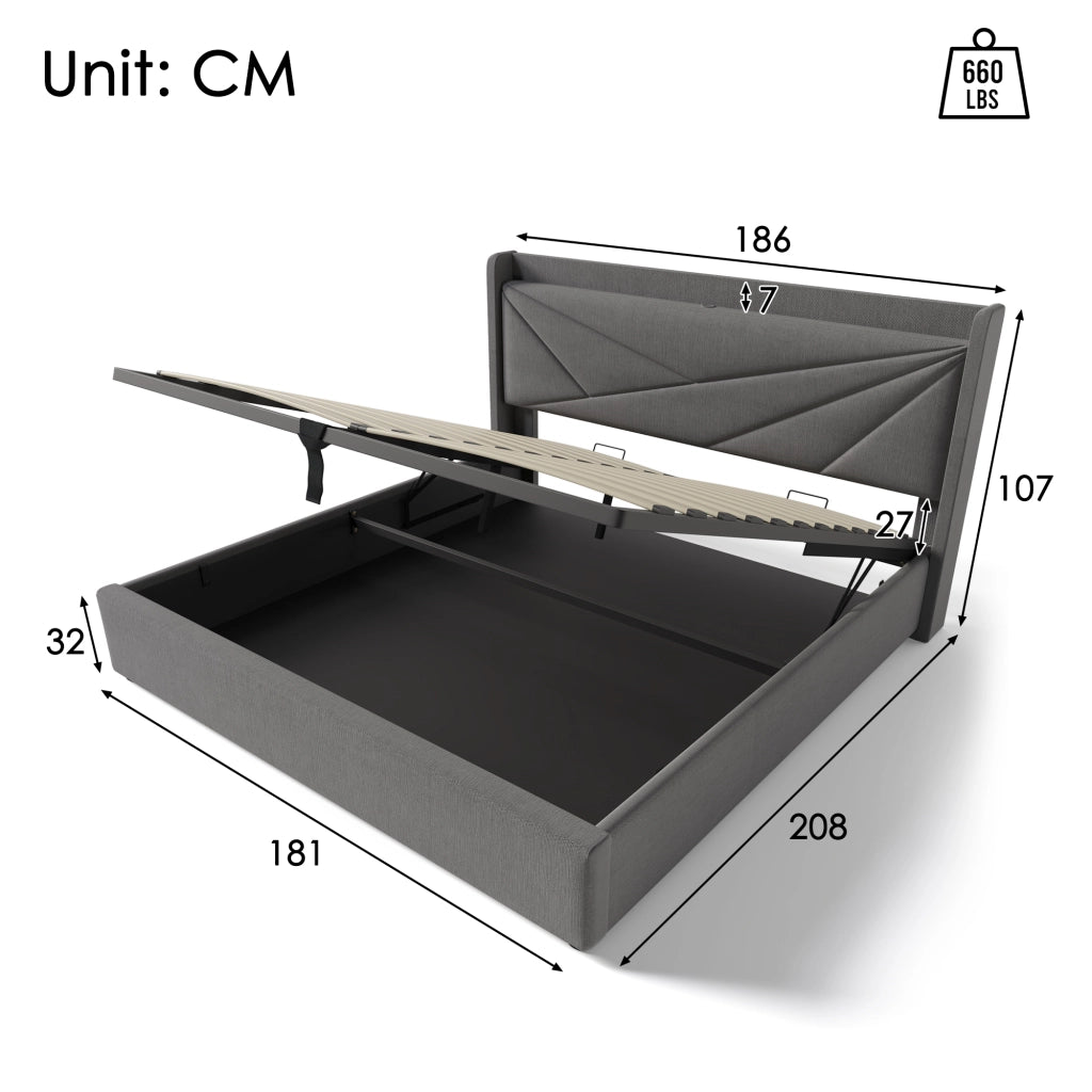 Letti contenitori 180x200 cm con ricarica USB e Type-C; cotone lino; grigio (Senza materasso)