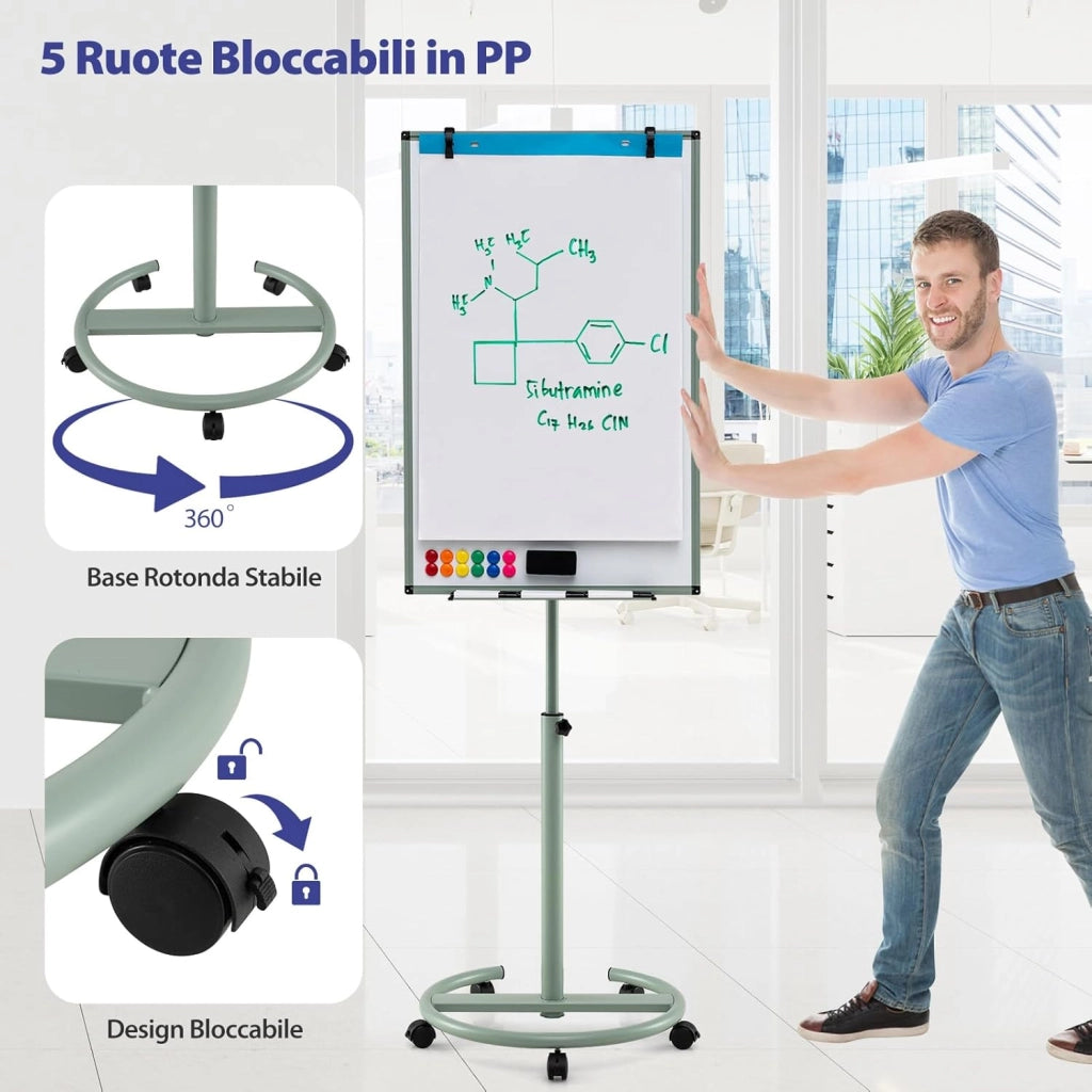 Lavagna Bianca Magnetica Mobile con Accessori, Lavagna Regolabile in Altezza e Angolo con Supporto Rotondo, 5 Ruote Bloccabili, 65 x 60 x 132-192 cm (Nero) (Verde)
